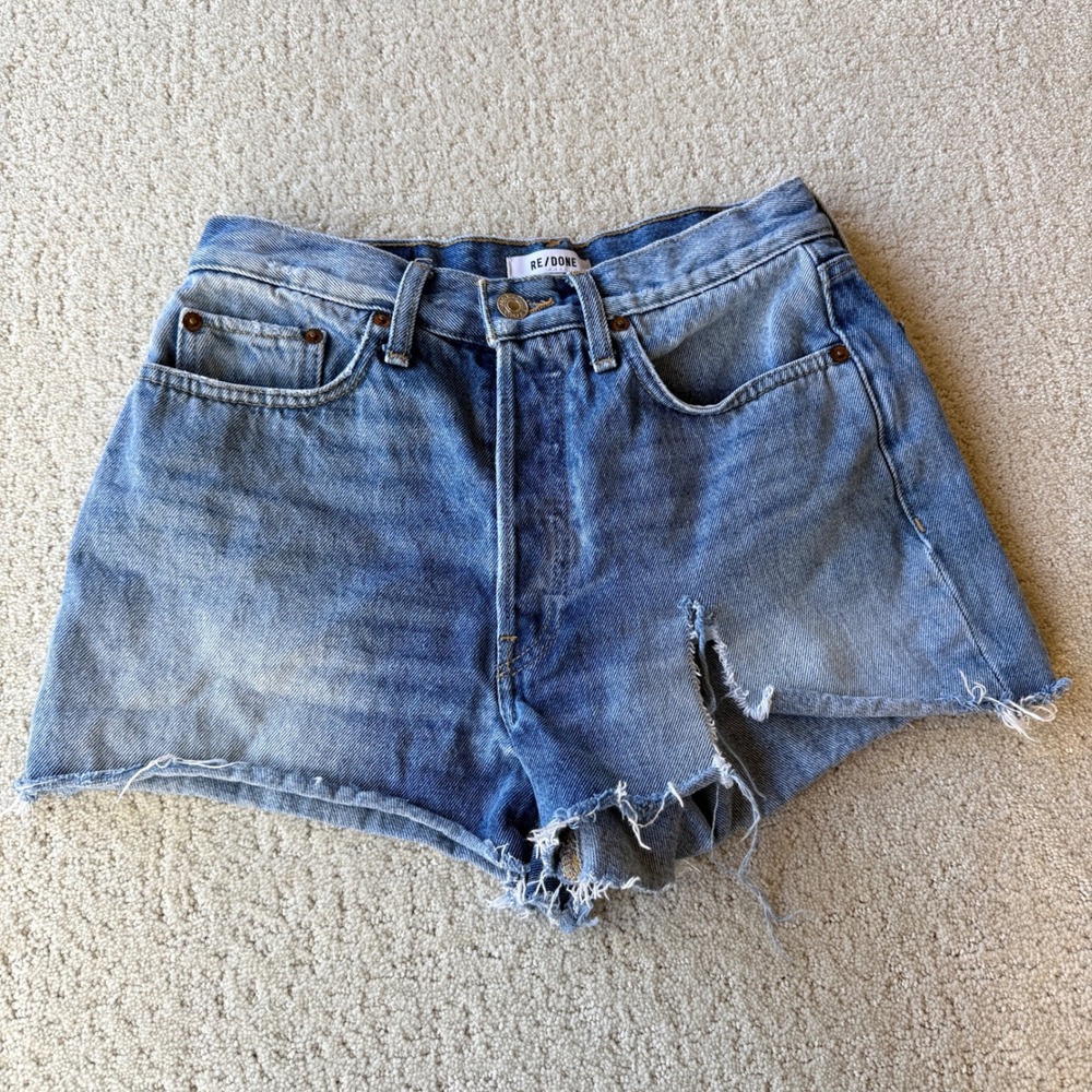 Revolve RE/DONE 70s High Rise‎ Short Women 28 Blue Distressed Raw Hem Denim